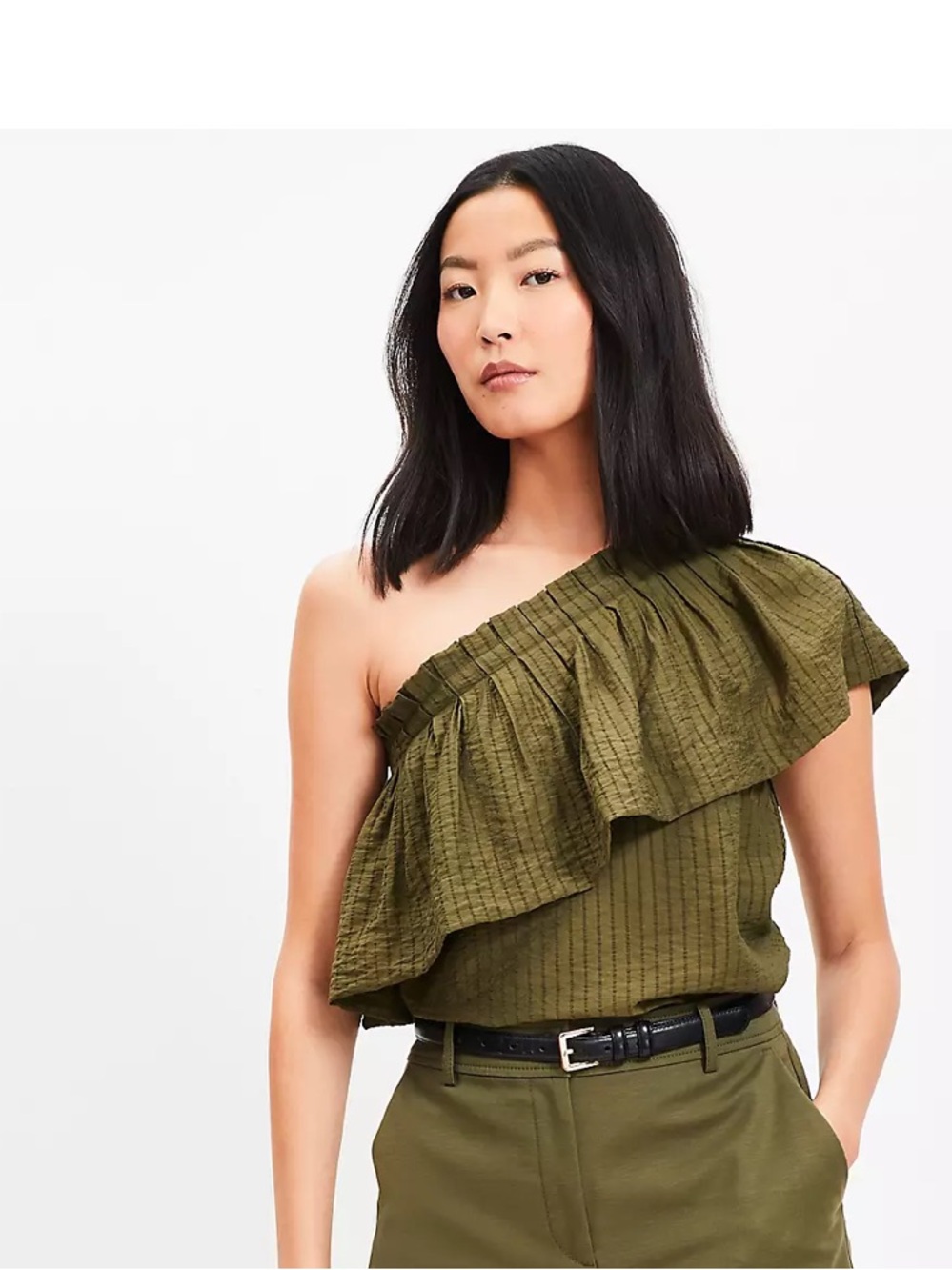 NWT LOFT Olive One-Shoulder Ruffle Top - Picture 2 of 6